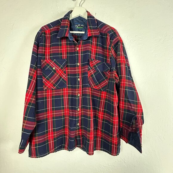 Vintage Backpacker Mens Plaid Flannel Button Up Shirt XL Red Blue Long Sleeve - Picture 1 of 7
